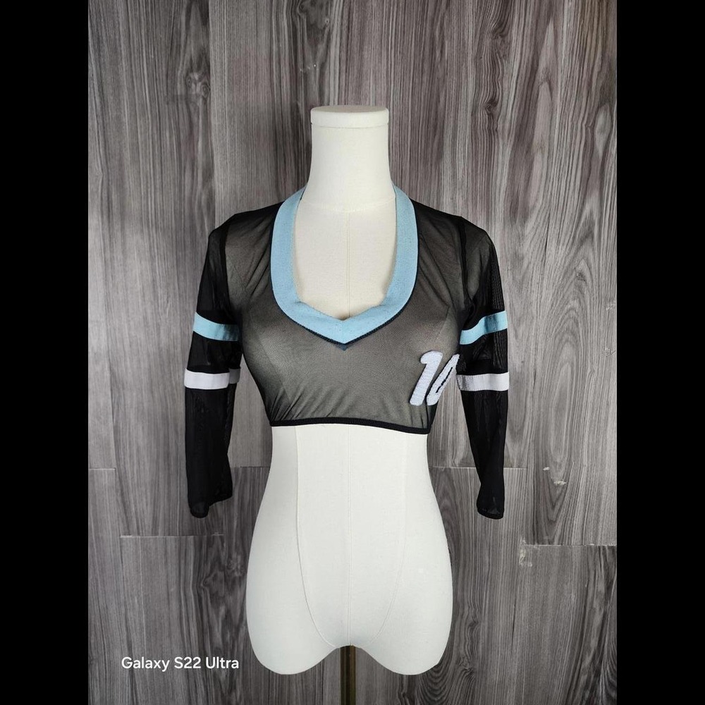 Elegant Moments Black Sheer Mesh Crop Top Jersey Number 10 Blue Stripe 8688 O/S‎